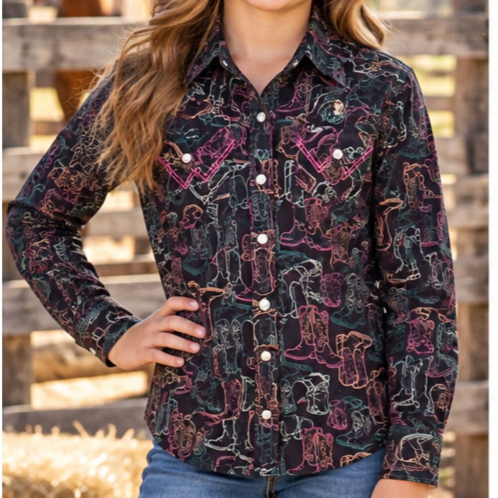 Wrangler Girls M 10-12 Western Cowboy Boot Print Pearl Snap L Sleeve Shirt #24